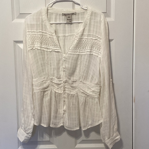 American Rag Tops - American Rag White Eyelet Button Front‎ Peasant Blouse
